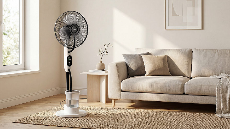 Stojanový ventilátor s vodní mlhou, chlazením