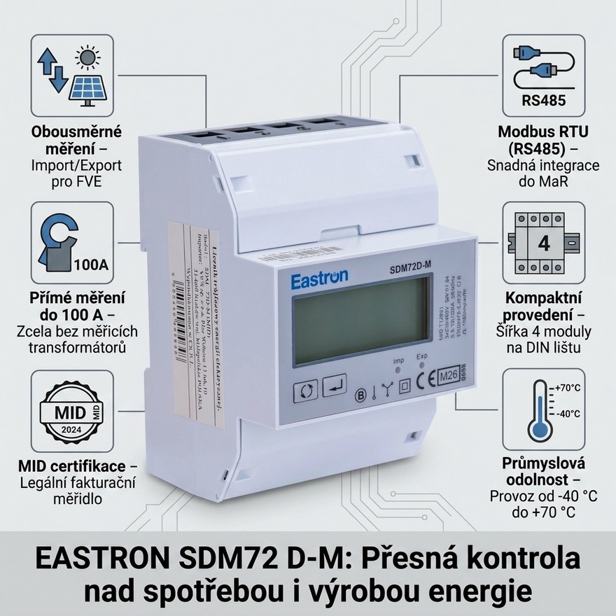 Elektroměr 3F na DIN lištu třífázový EASTRON SDM72 D-M, MID, digitální, Modbus