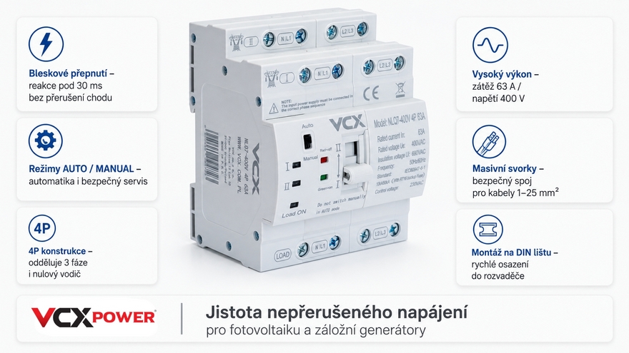 Automatický přepínač sítí VCX NLQ7 400V 4P 63A pro rychlé záložní napájení na DIN lištu.