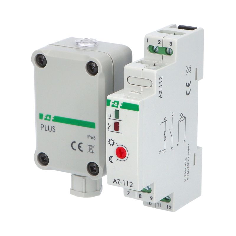 Spínač soumrakový F&F AZ-112 PLUS, 2-1000lux, 16A, 230V, s ext. čidlem, IP65, šedý, na DIN Spínač soumrakový F&F AZ-112 PLUS, 2-1000lux, 16A, 230V, s ext. čidlem, IP65, šedý, na DIN